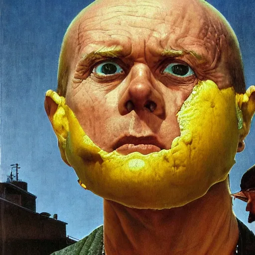 Prompt: lemon headed man with hard black eyes very relaxed, rule of thirds, super sharp, 4 k, ultra detailed, norman rockwell, richard corben, epic scope.