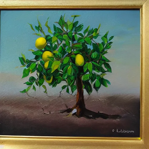 Prompt: Lemon tree growing on a desert, sunny day, oil painting