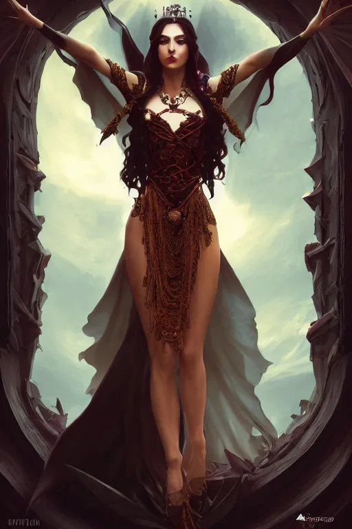 Image similar to beautiful vampire female queen, full body shot, ascending form the sky, hands reaching for her, d & d, fantasy, intricate, elegant, highly detailed, digital painting, artstation, concept art, matte, sharp focus, illustration, hearthstone, art by artgerm and greg rutkowski and alphonse mucha