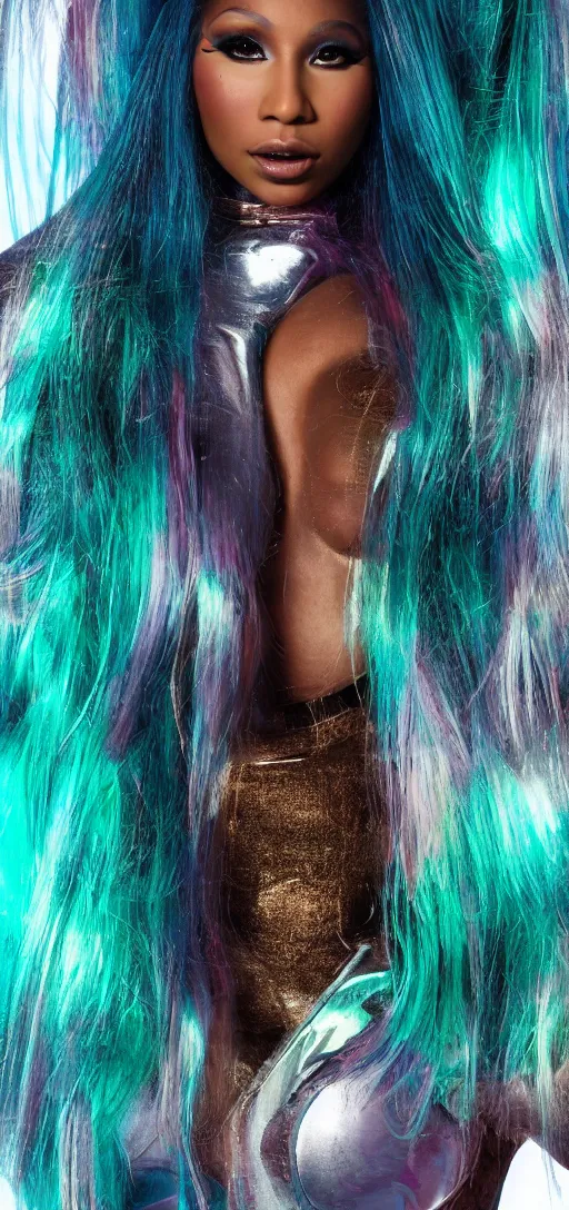 Image similar to nicki minaj, glowing hair, 8 k, cinematic light shadows, wet hdr refractions