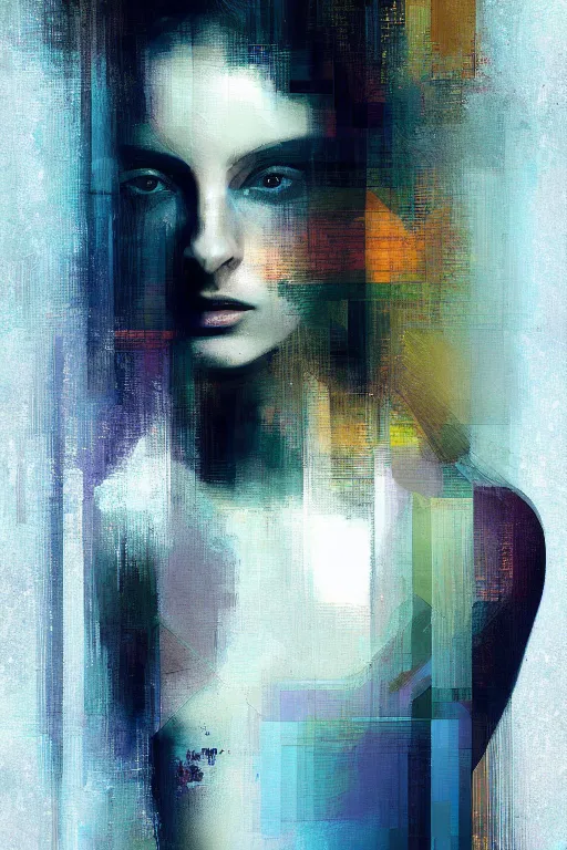 Image similar to a beautiful glitched painting by christian hook of a woman in a bathroom, geometric shapes and pixel sorting, brushstrokes by jeremy mann, still life, dark colors