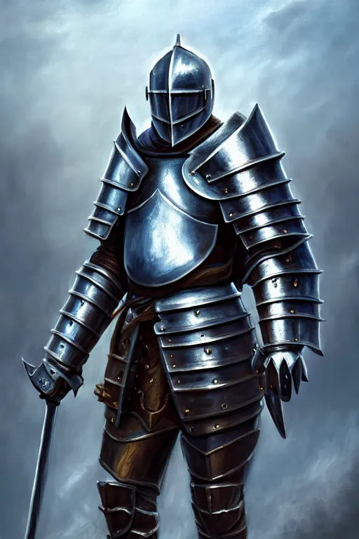 Image similar to a knight in full iron plate armor that is wearing a fluted helm, in the style of an oil painting and d & d art, fullbody, blue fog, mystic, magic, sharp focus, award - winning, extremely detailed, 4 k,