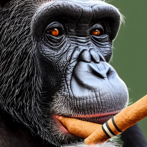 Image similar to a high detail closeup shot of a chimp wearing a suit 👔,and smoking a cigarrette🚬, cgcosiety, artstation, unreal engine, realism