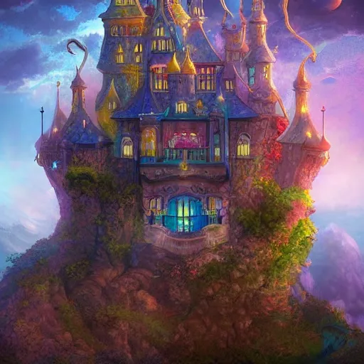 Prompt: enchanted magic castle in the sky, inspired by studio glibhi, digital art, beautiful composition, highly detailed, trending on artstation, devianart, cgsociety