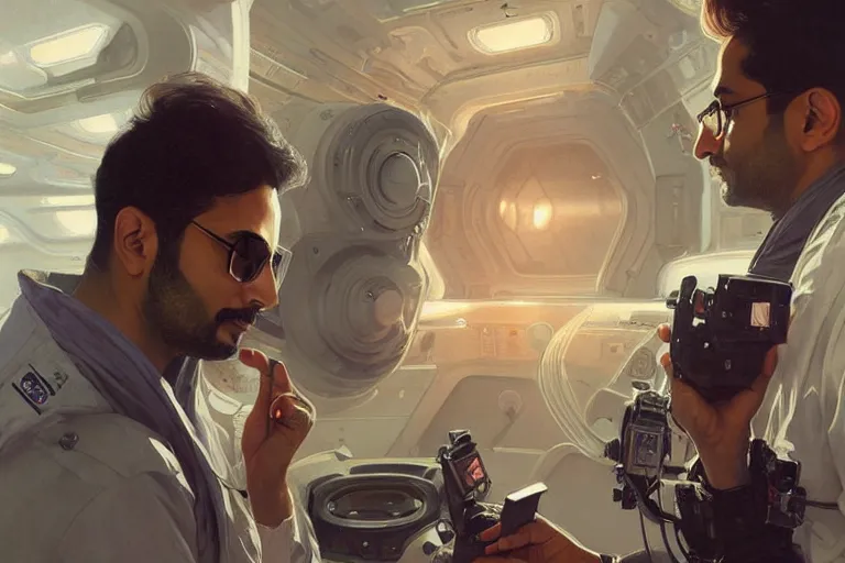 Image similar to Sensual good looking pale young Indian doctors wearing Deus Ex clothing in a space station above Earth, portrait, elegant, intricate, digital painting, artstation, concept art, smooth, sharp focus, illustration, art by artgerm and greg rutkowski and alphonse mucha