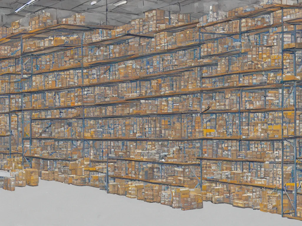 Image similar to a contemoprary painting of a warehouse with huge shelves in which stacks of paper are stored, trending on artstation