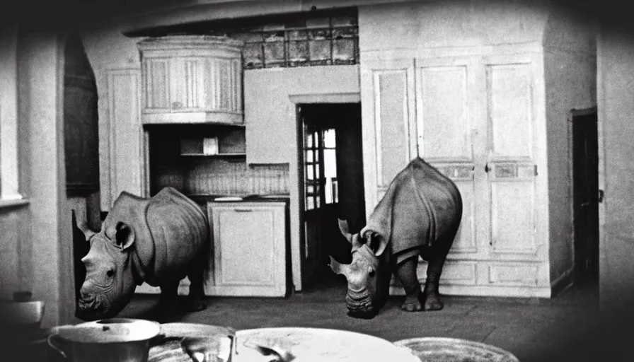 Image similar to a rhinoceros in a stalinist style kitchen, by mini dv camera, very very low quality, heavy grain, very blurry, accidental flash, webcam footage, found footage, security cam, caught on trail cam
