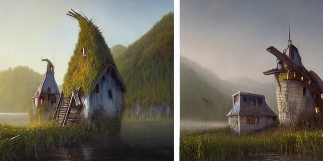 Image similar to painting costal villages overrun with weeping willows surrounded by a swap by tomasz alen kopera and cornelius dammrich with futuristic wood castle by eddie jones and simon stahlenhag