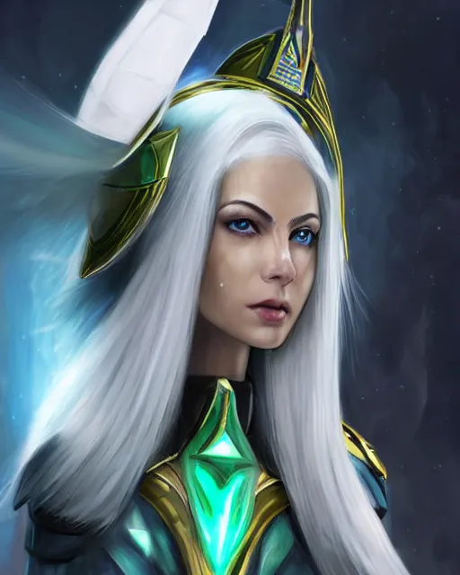 Image similar to perfect white haired attractive egyptian goddess with green eyes, warframe armor, pharaoh headdress, beautiful, symmetric, dreamy, half asian, pretty face, charlize theron, detailed, scifi platform, laboratory, experiment, 4 k, ultra realistic, epic lighting, android body, illuminated, cinematic, masterpiece, art by akihito tsukushi, voidstar