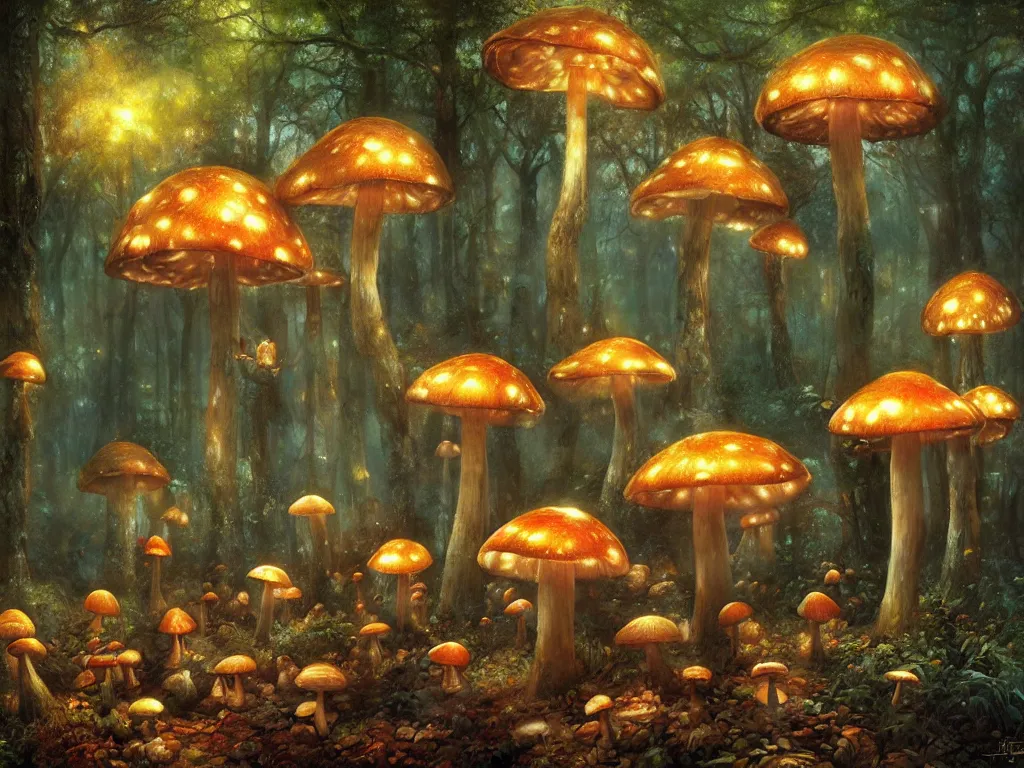 Prompt: fantastic mushrooms in the magic forest, by esao andrews, thomas kinkade, high light, glow, high detailed, 4 k resolution