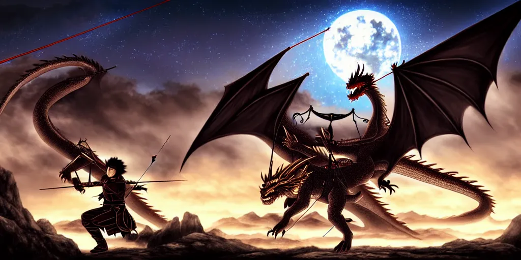 Prompt: korean archer fighting a dragon under the night sky. the archer is in the ground. the dragon in the sky. dark fantasy. high resolution. dungeons and dragons. fantasy. detailed. digital art. dark fantasy.