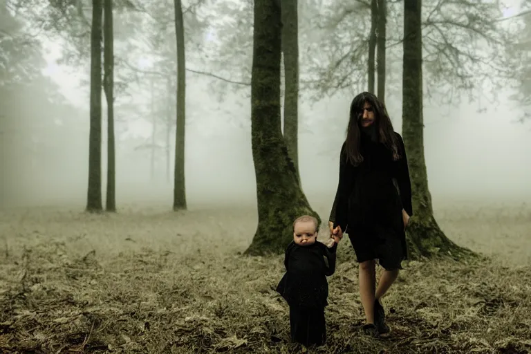 Image similar to a cinematic photo of a young woman with dark hair holds a baby in a dark, foggy forest, closeup, masterpiece