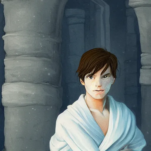 Prompt: boy with snow white shoulder-length hair, wearing a white flowing robe. beautiful hyperdetailed eyes, concept art, illustration