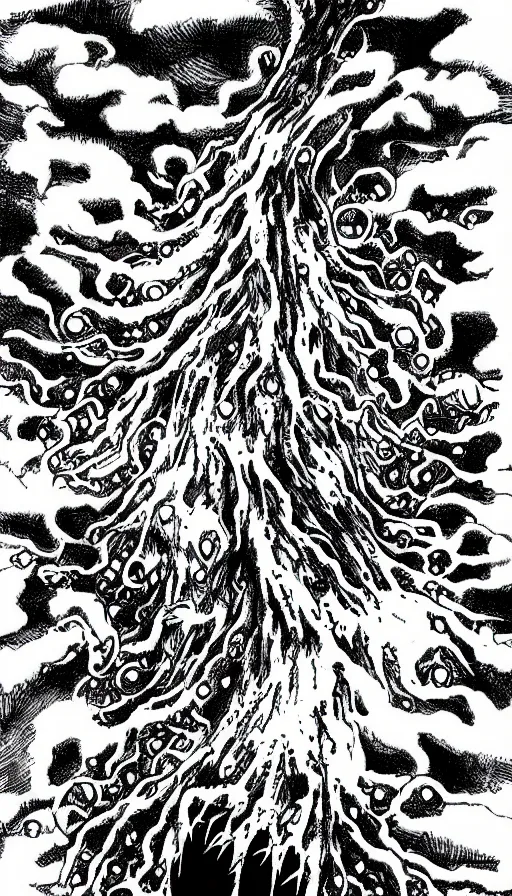 Prompt: a storm vortex made of many demonic eyes and teeth over a forest, by hajime isayama