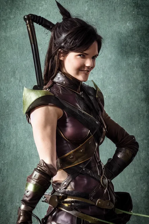 Image similar to fantasy character photo, live action. female ranger. danielle campbell. manic grin, yandere. tall, lanky, athletic, wiry. brown & dark forestgreen leather armor. small tilted lightgreen feathered cap worn at jaunty angle. black hair in ponytail. bright blue eyes. consulting in secret with an unseen, shadowy informant