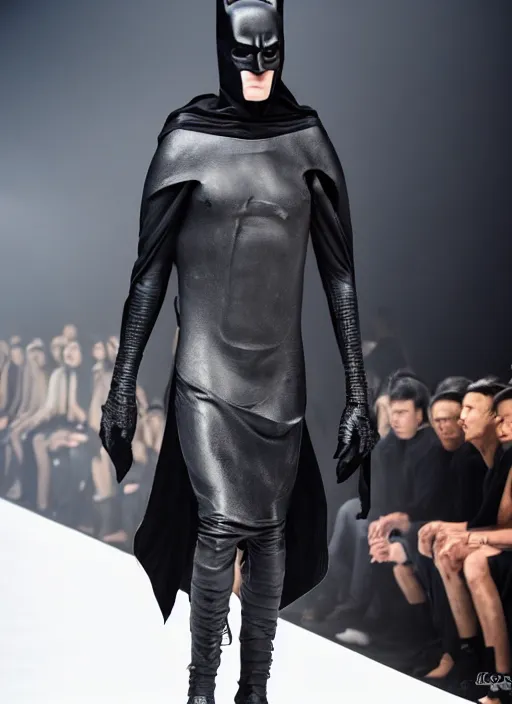 Image similar to hyperrealistic and heavy detailed rick owens runway show of batman, leica sl 2 5 0 mm, vivid color, high quality, high textured, real life