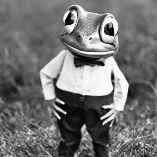 Image similar to An old photo of a sophisticated frog in a nice suit, he is totally lost in a field, hands in pockets