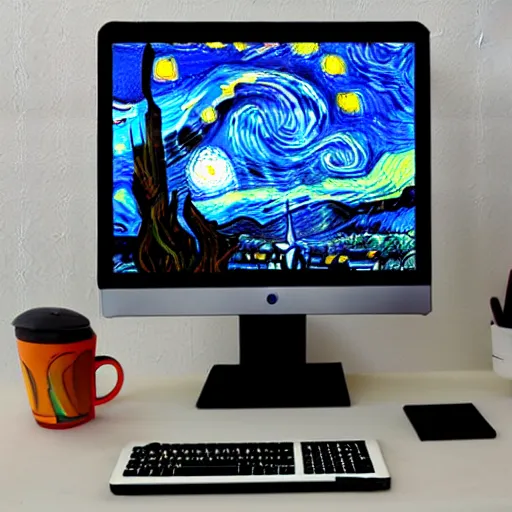 Image similar to desk with laptop and monitor in the style of van gogh