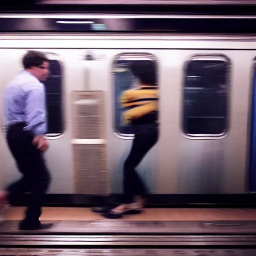 Prompt: of an octopus invading a interior of a subway train in new york, people are running away scared, shutter speed is 8 0,