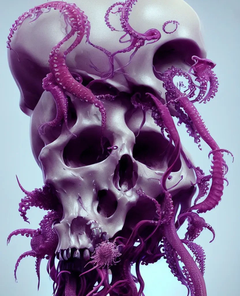 Image similar to goddess close - up portrait human skull, ram skull, squid phoenix jellyfish, orchid, betta fish, bioluminiscent, intricate artwork by tooth wu and wlop and beeple. octane render, trending on artstation, greg rutkowski very coherent symmetrical artwork. cinematic, hyper realism, high detail, octane render, 8 k