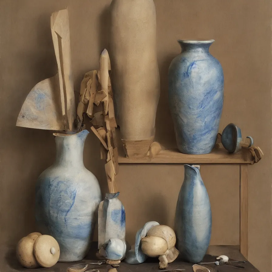 Prompt: beautiful studio photograph of a ceramics display with hans holbein portrait painted onto a tall angular stoneware vase with handles placed on a tablecloth on a wooden table, hyperrealism 8 k trending on artstation