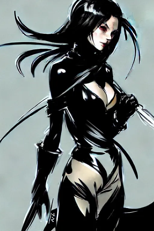 Prompt: style of yoji shinkawa, rafael albuquerque, loish : : gorgeous willa holland : : evil witch, swirling black magic : : symmetrical face, symmetrical eyes : : full body pose : : gorgeous black hair : : magic lighting, low spacial lighting : :