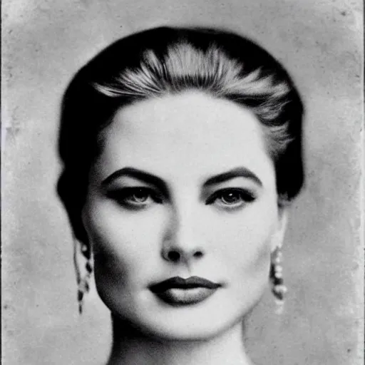 Image similar to victorian photograph of grace kelly, angelina jolie, 1 8 9 0 s photography, 1 9 0 0, realistic face, symmetrical face, detailed, grainy, edwardian, old photo