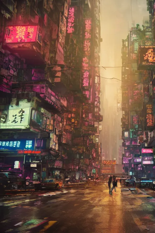 Image similar to cinematic photo of ancient overgrown cyberpunk hong kong with cars and people, flying cars in the sky, holograms, night, rain, flowers, beautifully lit, hyperdetailed, unreal engine, photorealistic, denis villeneuve film look, blade runner set