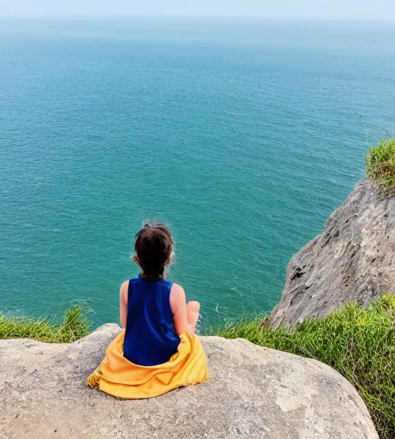 Prompt: a girl sitting on a cliff overlooking a beach