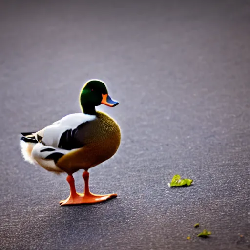 Image similar to a photo of a duck holding a knife with its beack, high quality, strong bokeh, 4k