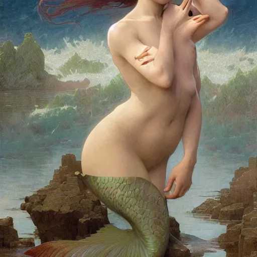 Image similar to portrait of mermaid goddess, intricate, elegant, highly detailed, digital painting, artstation, concept art, smooth, sharp focus, illustration, art by artgerm and greg rutkowski and alphonse mucha and william - adolphe bouguereau