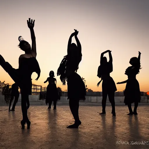 Prompt: dancing women in the evening, seen from back, sunset, canon eos 1 0 0 0 d, ƒ / 3. 5, focal length : 1 8. 0 mm, exposure time : 1 / 5, iso 4 0 0, flash on.