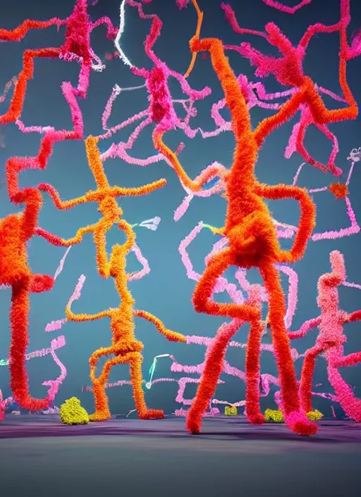 Prompt: group of giant sakura people dancing made out of fluffy pipe cleaners in the style of Jean-Michel Basquiat lit with glowing CRT lighting, 3D cinematic lighting, spotlight at a 90 DEGREE ANGLE, photorealism, octane render, depth of field, 8k, 35mm, artgem, Trending on artstation