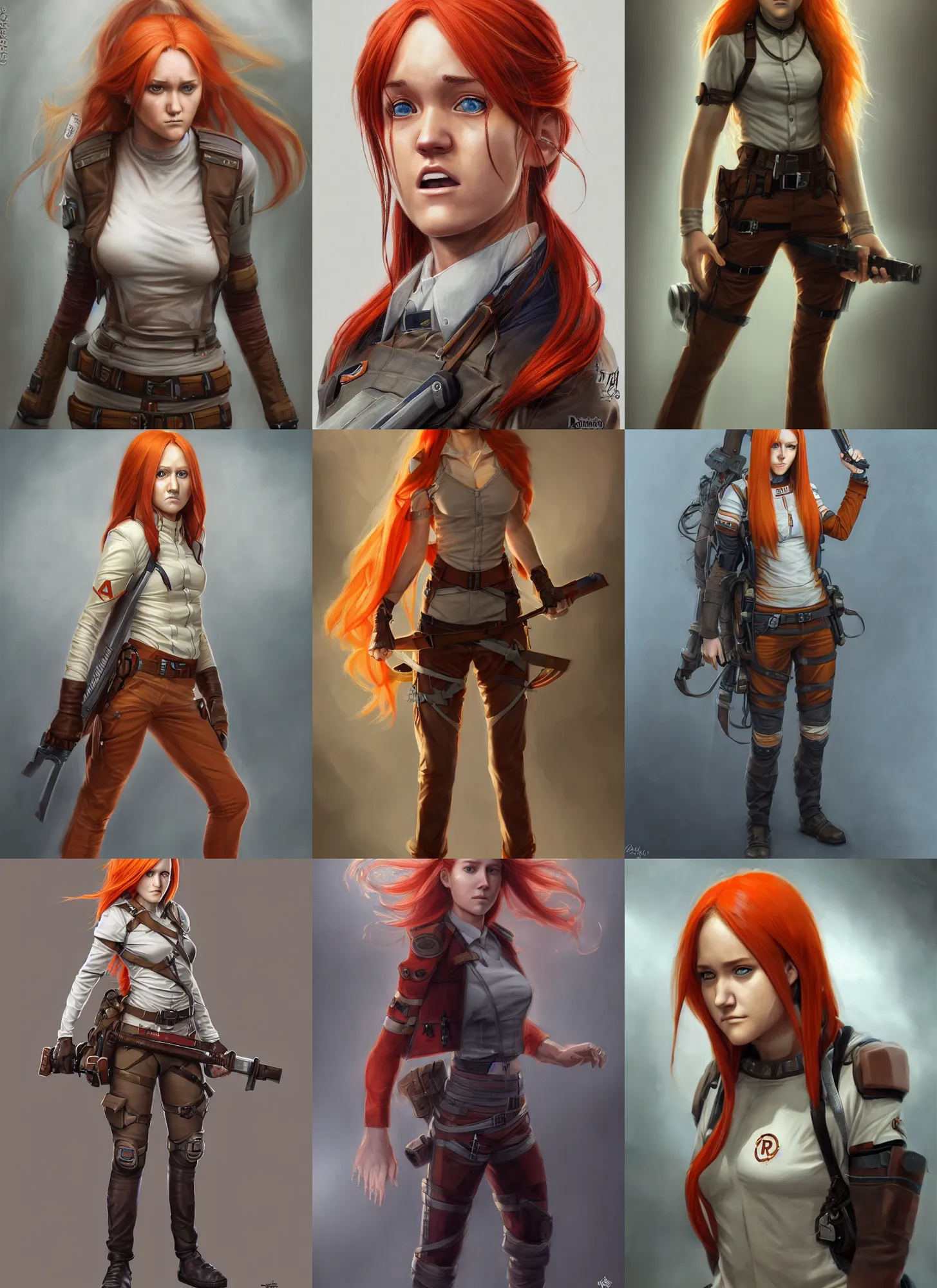 Prompt: a portrait of emily osment, she has long redorange hair, wearing attack on titan uniform pants, white long tanktop, style by donato giancola, wayne reynolds, jeff easley dramatic light, high detail, cinematic lighting, artstation, dungeons and dragons