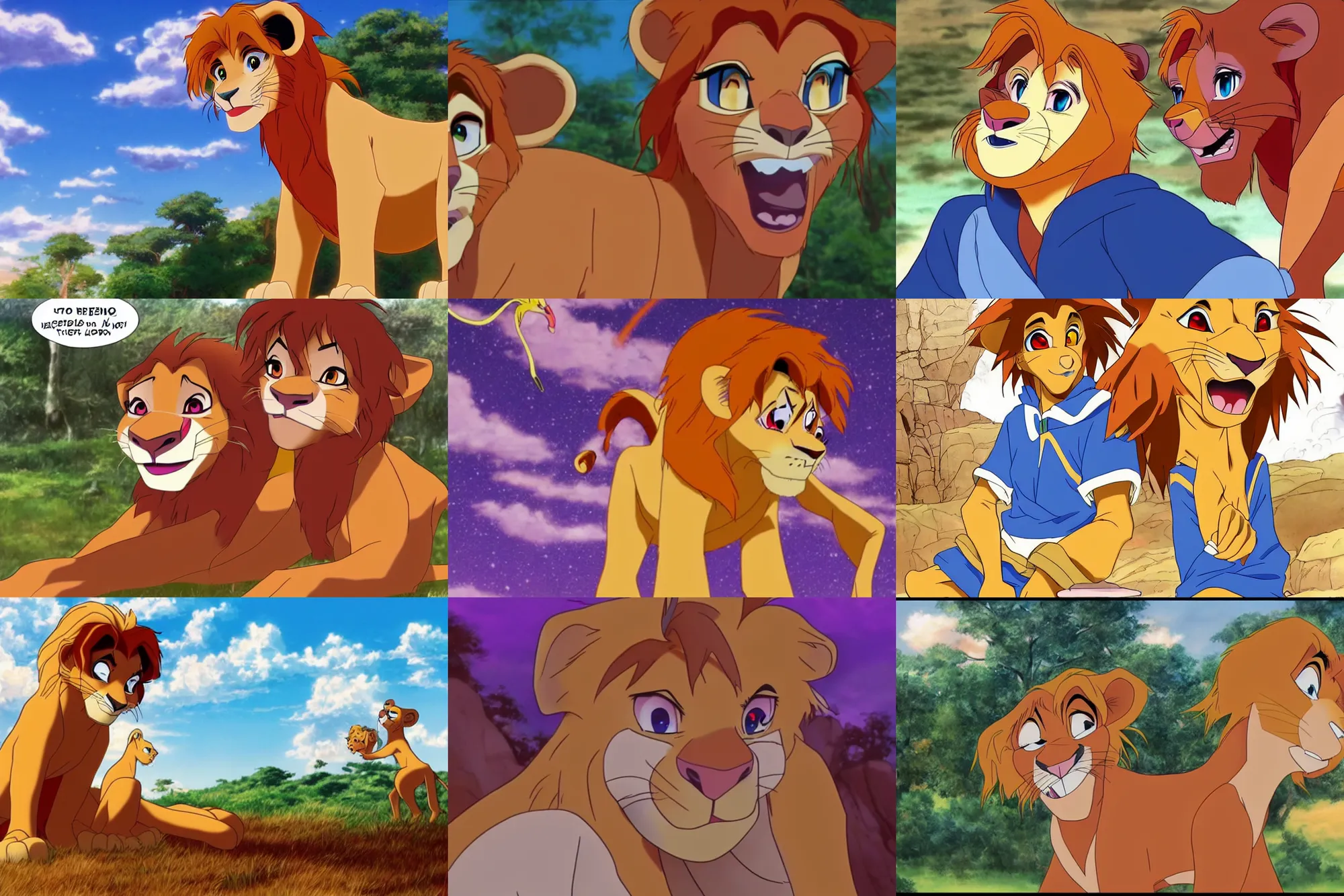 Image similar to simba from the lion king trapped in anime purgatory until he figures it's full of cringe, has a nervous breakdown, and retreats into highschool rp with his tulpas