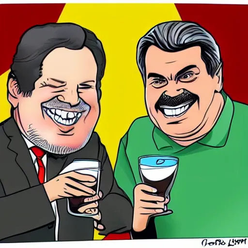 Prompt: cartoon drawing of Brazilian politicians Luis Inacio Lula da Silva and Jair Bolsonaro together drinking a caipirinha with Rio de Janeiro on the background, cute, cartoon, friendly