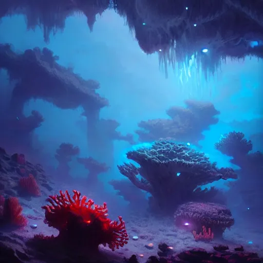 Image similar to bioluminescent coral reef, concept art, d & d, fantasy, highly detailed, masterpiece, volumetric lighting, digital painting, artstation, smooth, sharp focus, illustration, art by artgerm, by greg rutkowski