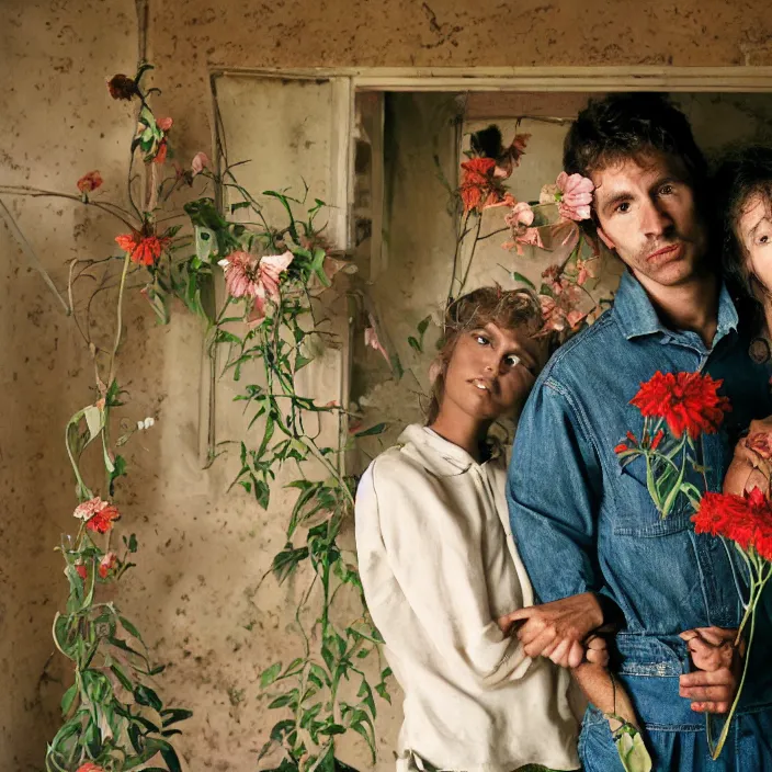 Prompt: closeup portrait of a couple eating flowers, in a desolate abandoned house overtaken by nature, by Annie Leibovitz and Steve McCurry, natural light, detailed face, CANON Eos C300, ƒ1.8, 35mm, 8K, medium-format print