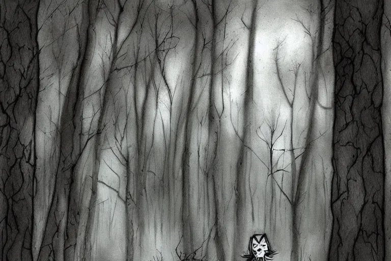 Image similar to mad girl wandering the woods artwork by ben templesmith