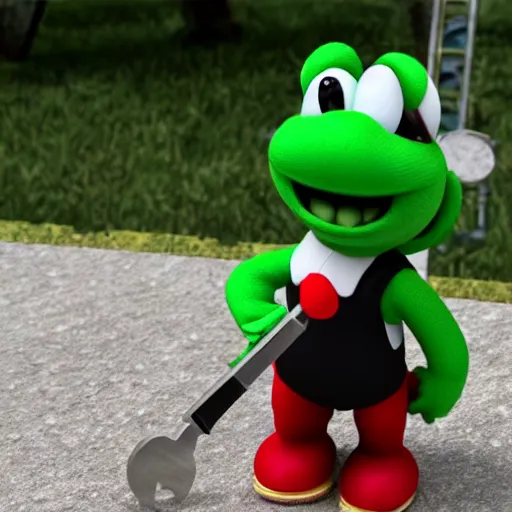 Prompt: yoshi wearing a tuxedo and holding a wrench, photo realistic, award winning picture