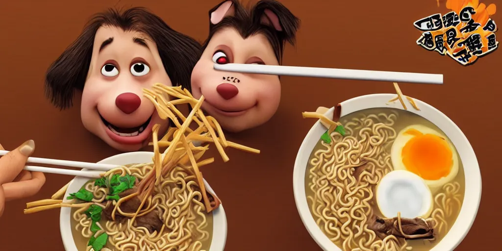 Image similar to A happy dog holding chopsticks and eating a bowl of ramen, hyper realistic, insane detail, Pixar