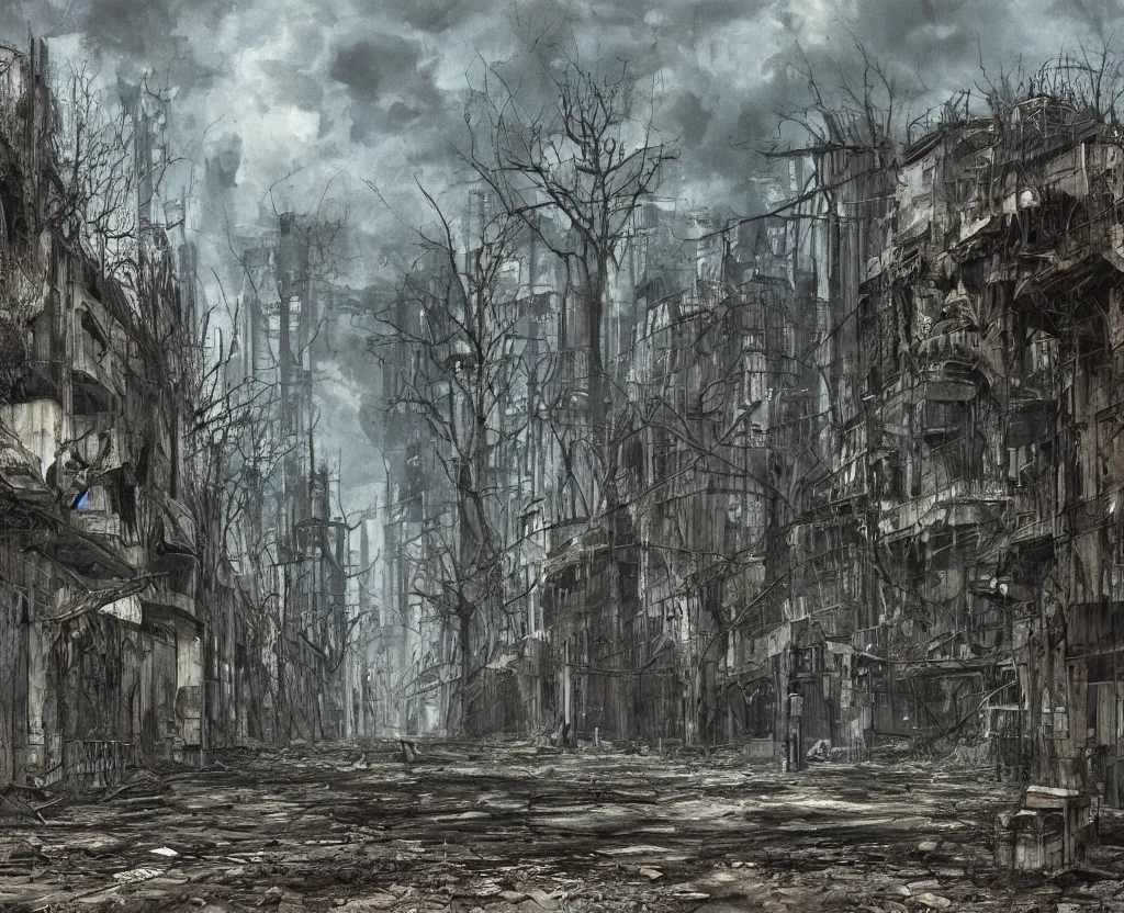 Image similar to a Dystopian gothic painting of the abandoned streets of the overgrown arcology