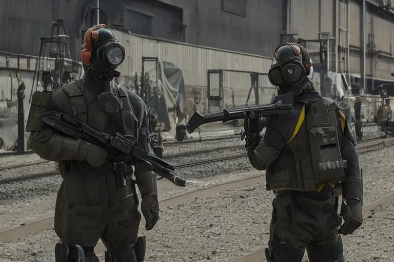 Image similar to vfx movie closeup real life gordon freeman holding wearing futuristic armor, half life logo on chest, crowbar in russian train yard swat team in gas masks approaching by emmanuel lubezki