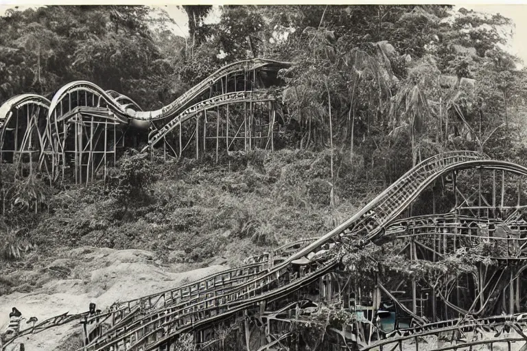 Image similar to a 1 9 0 5 colonial closeup photograph of a rollercoaster in a village at the river bank of congo, thick jungle, wide angle shot