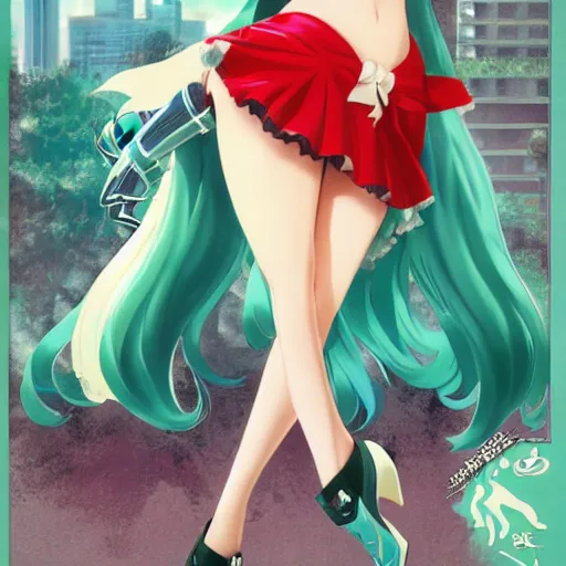 Image similar to Hatsune Miku full body pin up modeling a vocaloid idol unioform,with a park in the back ground,post war style,detailed face, art by Gil Elvgren