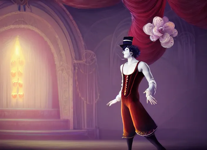 Image similar to award winning digital art of a attractive male pierrot, performing at a magnificent circus, beautiful circus themed background, trending artstation, digital art, aesthetic, bloom, intricate, elegant, sharp focus, digital illustration, highly detailed, octane render, digital painting, concept art, witchlight carnival, masterpiece