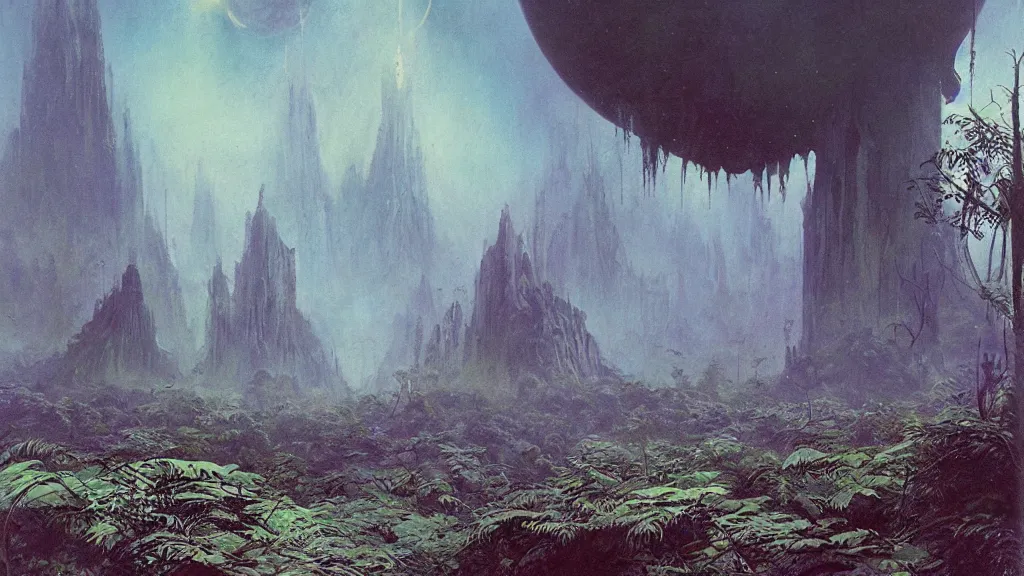 Image similar to otherworldly atmosphere of an alien jungle planet by arthur haas and bruce pennington and john schoenherr, cinematic matte painting