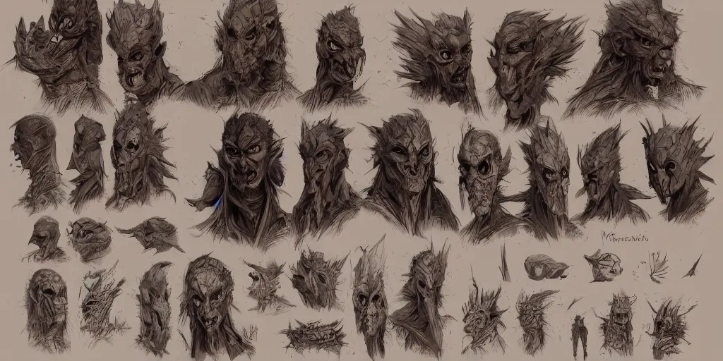 Prompt: wooden mask of fear character design, character sheet, Moebius, Greg Rutkowski, Zabrocki, Karlkka, Jayison Devadas, Phuoc Quan, trending on Artstation, 8K, ultra wide angle, zenith view, pincushion lens effect