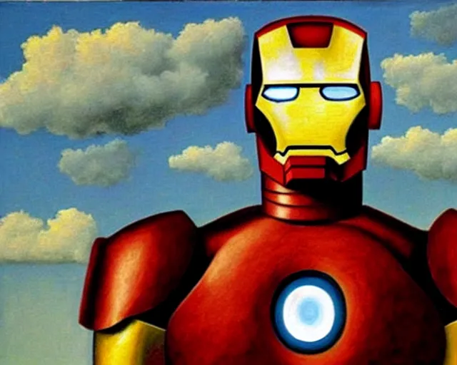 Prompt: a Magritte painting of Iron Man (2008)