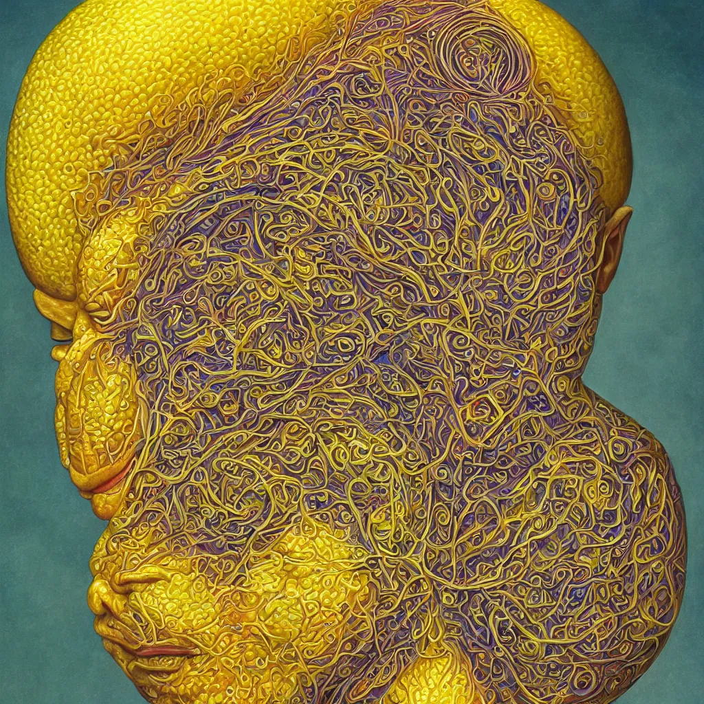 Image similar to Alex Grey painting of a lemon god, highly detailed, symmetrical, trending on artstation